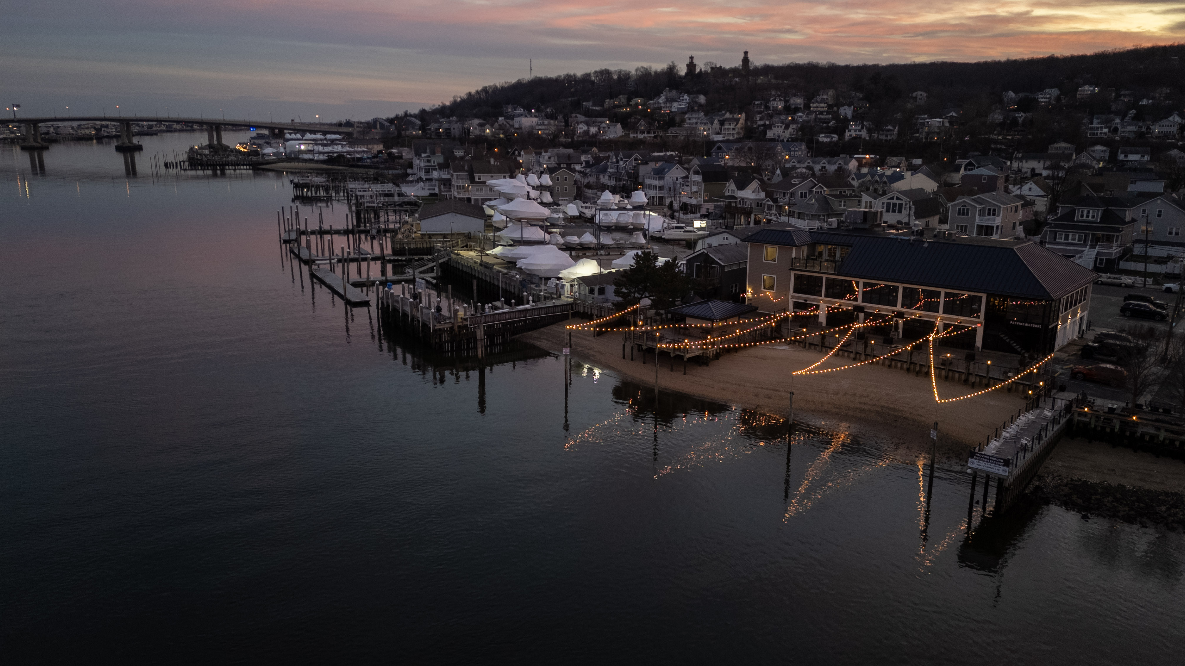 Atlantic Highlands waterfront at dusk, by drone